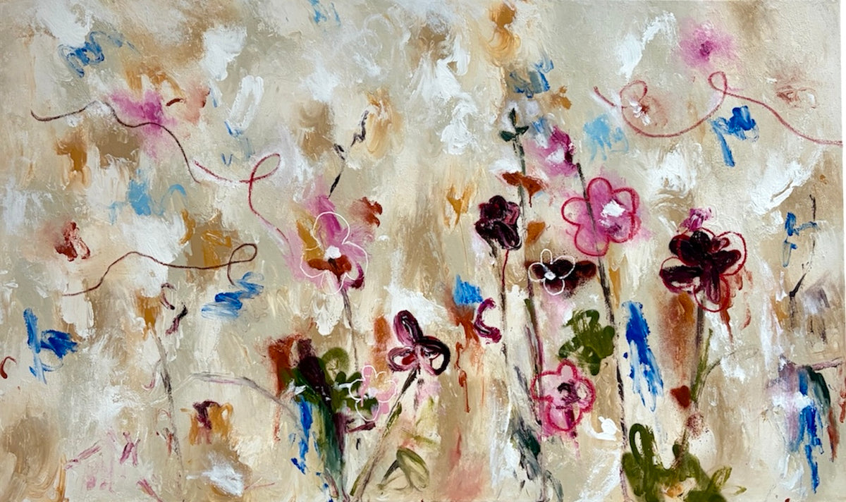 An abstract floral painting with expressive brushstrokes in beige, white, pink, blue, green, and brown, featuring stylized flowers and stems across the canvas by Amber Goldhammer